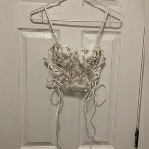 Omonsim White Embroidered Floral Cropped Lace Up Corset Top